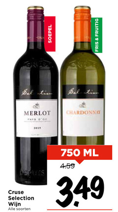  rode wijn witte 750 soepel sel tim merlot pats chardonnay cruse selection soorten ml fris fruitig 