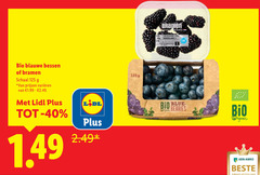 1 40 125 bio blauwe bessen of bramen schaal g   van prijzen varieeren     1.99 2.49 . met lidl plus tot -   1.49 125g nederland blue- organic berries abn amro beste winkelketen 