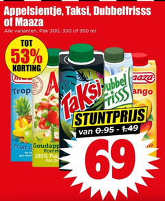  appelsientje dubbelfrisss maaza taksi fruitdrank 69 100 300 330 350 pak ml trop fruit goudappeltje go you frisss jus 