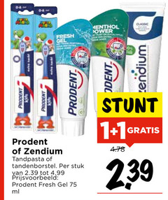  prodent zendium tandpasta 1 fresh gel tandenborstel stuk ml menthol classic 