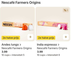  nescafe koffiecups 5 9 10 farmers origins andes 2e halve lungo 3.99 cups intensiteit india espresso 