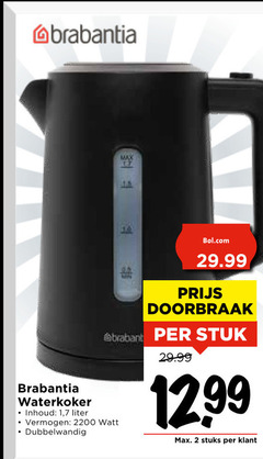  brabantia waterkoker 2 17 king bol.com doorbraak stuk chan 12 99 inhoud 1 7 liter vermogen watt dubbelwandig stuks 