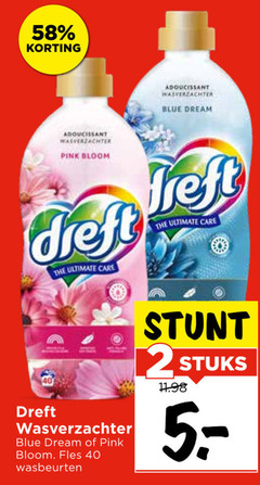  dreft wasverzachter 2 40 adoucissant pink bloom blue dream left ultimate care fles wasbeurten stuks 
