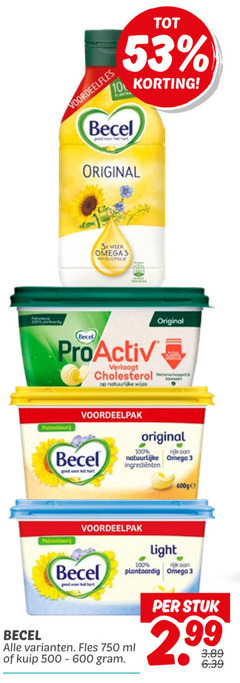  becel olie en vetten margarine 3 10 100 750 original 3x omega3 pro-activ verlaagt cholesterol natuurlijke wijze hart ingredienten rijk omega light plantaardig fles ml kuip stuk 