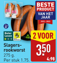  rookworst 2 350 2022 jaar stuk beter leven dieren bescherming slagers 