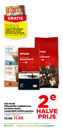  plus huismerk dolce gusto capsules koffie koffiebonen 1 2 5 12 16 25 90 500 tony chocolonely actieproducten melk pecan crunch karamel reep t.w.v. cappuccino zacht fairtrade lungo stuks snelfiltermaling roodmerk sperziebonen nutri score filterkoffie 2e compatible koffiecapsules halve pakken combinatie plus.nl 