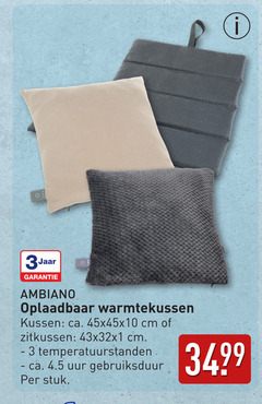  3 3jaar oplaadbaar warmtekussen kussen ca. 45x45x10 cm zitkussen temperatuurstanden uur gebruiksduur stuk 