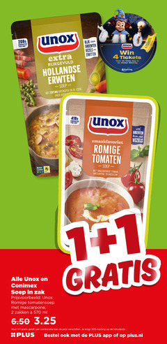  unox soep 1 2 4 50 groenten zak rijkgevuld hollandse erwten katenspek rijk vezels eiwitten win tickets dag winter efteling beter leven romige tomaten zongedroogde tomaat mascarpone basilicum conimex tomatensoep zakken ml combinatie plus.nl 