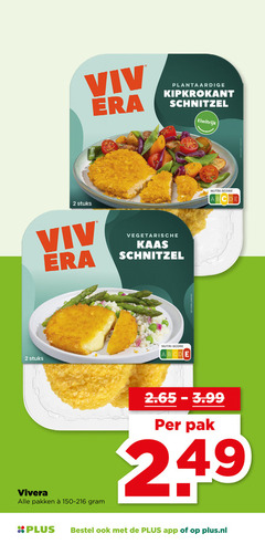  vivera vegetarisch 2 stuks plantaardige kipkrokant schnitzel eiwitrijk vegetarische kaas pakken nutri score serveersuggestie pak plus.nl 