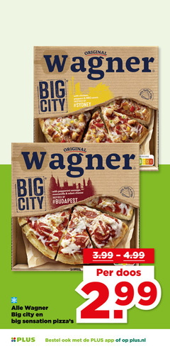  wagner diepvriespizza original big city with chicken peppers bbq sauce inspired by sydney pepperoni sausage mozzarella edam cheese budapest fluffy crispy score sensation 3.99 doos plus.nl 
