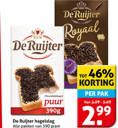  de ruijter hagelslag 46 1860 royaal cacao chocoladehagel puur 390g pakken pak 