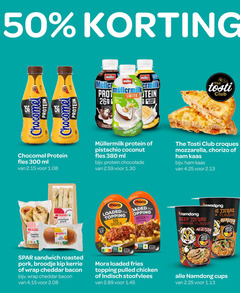  50 256 300 chocomel protein muller limited added sugar time to up tosti club chocolade fles ml pistachio coconut croques mozzarella chorizo ham kaas bacon roasted mora loaded topping chicken indisch kip beef spice level sandwich broodje kerrie wrap cheddar fries pulled stoofvlees cups 