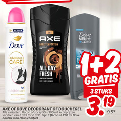  1 2 3 50 250 300 3x action refresh dove axe dark temptation chocolate cent care advanced 72h invisible all day fresh irresistible fragrance body face hair wash deodorant douchegel flacon spray ml varieeren douche men clean comfort stuks 