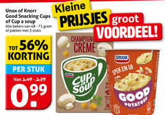  unox soep 3 4 48 100 knorr good snacking cups cup soup bekers pakken stuks stuk kleine prijsjes voordeel champignonsoep creme spek ui kca potatoes min vezels 