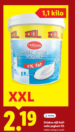 2 l xxl milbona 1 kilo creek style yoghurt koeling griekse stijl half volle romig zacht 