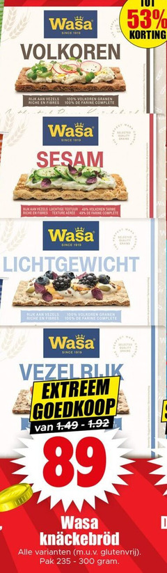  wasa knackebrod 100 300 since volkoren rijk vezels riche granen farine selected quality grains sesam luchtige textuur tarwe texture l lichtgewicht extreem glutenvrij pak 