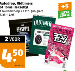  2 autodrop oldtimers toms heksehyl zakken doosjes 5 zegels kilo v.a. oldtimer bosvruchtrode cadillacs auto drop 