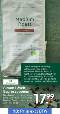  simon levelt koffiebonen 1 premium organic coffee medium roast espresso mild balanced arabica robusta wild and blend latin american combined with bonen beans biologisch drie liefhebber zacht verfijnd dark pittig precies espressobonen zak kilo 