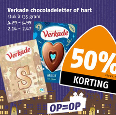  50 verkade chocoladeletter hart stuk wit melk kilo v.a. 