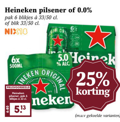  heineken 0.0 blikjes bier 6 25 33 pilsener pak 50 blik nix18 6x 500ml ineke origina m.u.v 