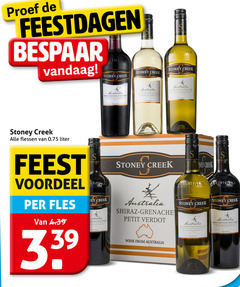  rode wijn witte proef feestdagen bespaar stoney creek flessen liter australia shiraz grenache petit chardonnay semillon feest voordeel fles wine from 