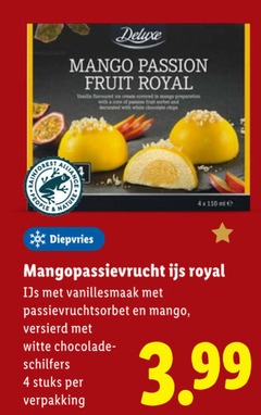  ijsspecialiteit 4 people mango passion fruit royal fred ice cream covered preparation with white chocolate chips nature diepvries mango-passievrucht ijs vanillesmaak versierd witte chocolade schilfers stuks 3.99 