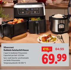  2 silvercrest dubbele heteluchtfriteuse bedienen capaciteit bak 4 35 liter sync cook functie synchronisatie beide temperatuurbereik 60-200 