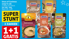  unox conimex soep 1 2 zak zakken ml super since romige champignon ui bieslook tom licht pittige thaise kippensoep kommen eiwitten groenten tomaten zongedroogde tomaat mascarpone basilicum heldere kippen malse stukjes kip wortel doperwtjes vermicelli vezels rijk rijkgevuld hollandse erwten katenspek rookworst 