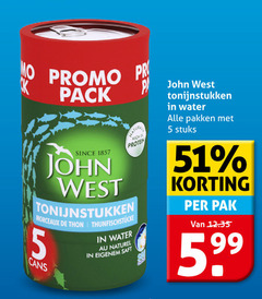  john west tonijn in blik 5 99 pro pack since natural protein tonijnstukken morceaux thon water naturel pakken stuks pak 