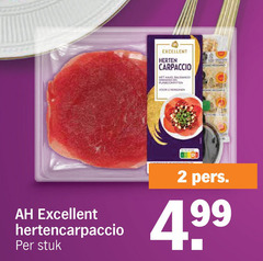 2 excellent herten carpaccio met kans basic dressing in punootin voor ah hertencarpaccio per stuk pers . 4.99 
