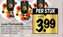  fruitsalade 500 luxe ananas cantaloupe meloen gele kiwi aardbei blauw druif blauwe bes schaal stuk 3.99 