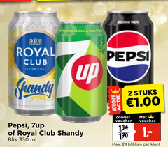  7-up royal club pepsi frisdrank cola 2 24 330 lemon taste original shandy up blik ml voucher stuks blikken 