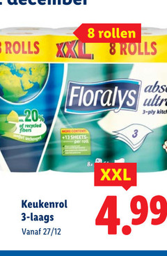  keukenpapier 3 8 20 rollen rolls xl recycled fibers floralys content 13 sheets roll keukenrol 27 12 8x xxl ply kitchen 