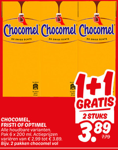 1 2 6 20 200 300 chocomel de enige echte   fristi of optimel alle houdbare varianten . pak x ml actieprijzen varieeren van     2.99 tot 3.89 bijv pakken vol   thal f100 gratis stuks 7.79 