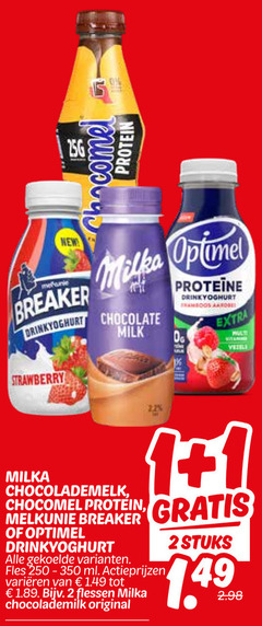  1 2 22 chocomel protein new milka breaker drinkyoghurt chocolate strawberry milk proteine drink yoghurt framboos aardbei chocolademelk melkunie optimel fles 250-350 ml varieeren flessen original stuks 