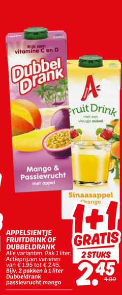 appelsientje dubbeldrank fruitdrank 1 2 rijk vitamine dubbel drank fruit drink vleugje zuivel mango passievrucht appel fruitdrink sinaasappel orange pak liter stuks varieeren pakken 