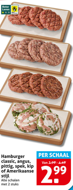  2 beter leven dieren bescherming hamburger classic angus pittig spek kip amerikaanse stijl schalen stuks schaal 3.99 