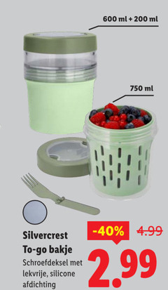  200 600 750 ml silvercrest to go bakje schroefdeksel lekvrije silicone afdichting 