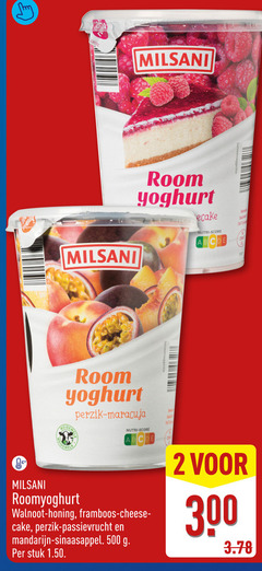  2 300 500 2880 milsani room yoghurt nutri score b sa perzik maracuja roomyoghurt walnoot honing framboos cheese cake passievrucht mandarijn sinaasappel stuk 