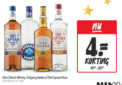  whisky wodka rum 1 4 10 100 old captain caribbean talloch well matured blended scotch choice distilled and natural spirit charcoal filtered vodka by mars balanced esbjaerg flessen liter 