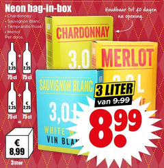  witte wijn rode rose 3 40 neon bag box chardonnay sauvignon blanc tempranillo rosee merlot doos 2 25 8 99 liter houdbaar dagen opening white vin 