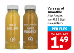  vruchtensap fruitsmoothie vers sap sinaasappel verse smoothie mango passievrucht 0.25 liter fles 