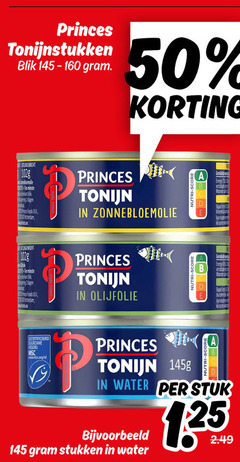  princes tonijn in blik 50 tonijnstukken foods b.v. zonnebloemolie olijfolie energiestanden gecertificeerd duurzame www.msc.org nl water stuk stukken 