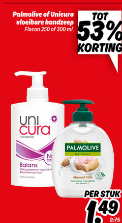  palmolive unicura handzeep 96 250 300 vloeibare flacon ml cura balans hand hydraterend beschermt huid antibacterieel naturals almond milk nourishing wash with vitamin stuk 