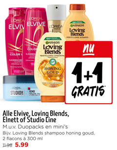  elvive elnett garnier loving blends studio line shampoo hairspray haargel 1 2 24 40 100 300 paris color vitamin uv intense kleur recycled recyclebaar conditioner siliconen honing goud acacia bijenwas gerecycled gekleurd haar highlights styling strong ontwart herstelt punten breekbaar duopacks ml 5.99 