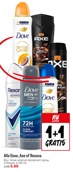  rexona axe dove deodorant douchegel 1 2 11 150 3x action protect refresh advanced care dark temptation all day fresh feel lasting face advance men protection 72h body heat cotton dry odour sweat anti anti-perspirant transpirant xl clean comfort moisturising cream bacterial control top aluminium salts original spray flessen ml 5.99 