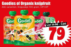  organix goodies babyvoeding 100 knijpfruit knijpzakje good smooth smoothie perch banani apricot apple sugar added source fibre 12 