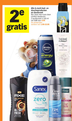  alle merken sanicur fa sanex odorex dove rexona palmolive axe nivea deodorant douchegel 2 150 2e merk bad doucheproducten men care clean comfort spuitbussen ml varieeren new therme zen white lotus shower satin energy fresh effect mint extract by hair relax body mind dark temptation chocolate scent all day irresistible fragrance face wash zero hydrating vries tous types peaux natural origin bh hydration gel douche keeps skin healthy kneipp advanced 72h protection moisturising cream anti bacterial odour don soft moisture amandelbloesem fleurs droge gevoelige les sensibles 