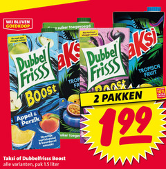  dubbelfrisss fruitdrank 2 10 vleugje zuivel dubbel frisss boost appel perzik verfrissend boordevol suiker trop taksi pak liter pakken tropisch fruit 