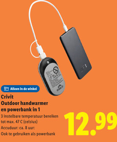  1 3 8 crivit outdoor handwarmer powerbank instelbare temperatuur bereiken celsius accuduur ca. uur gebruiken 